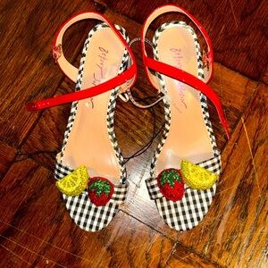 Betsey Johnson Malia Embellished Fruit Patent Leather Gingham heels Women